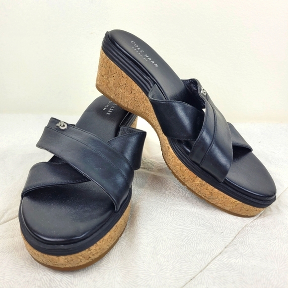 Cole Haan Shoes - Cole Haan black leather cross design wedge sandals cork platform heel minimal 6